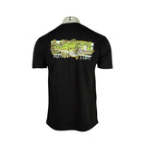 Black T-shirt featuring a green bass fish design on the back.