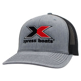 A heather gray trucker hat with black mesh back panels and a prominent embroidered Xpress Boats logo on the front, set against a plain white background.