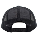 Rear view of a black trucker hat with a black mesh back and an adjustable snap closure.