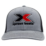 A grey and black structured hat with a split black and red 'X' logo and black 'xpress boats' text below it.