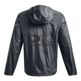 Back of a grey jacket with a hood and a black Xpress boats logo.