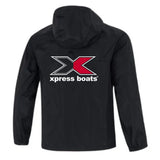 Black jacket with Xpress Boats logo on the back against a white background
