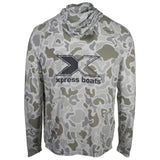 Back of a long-sleeve hooded performance shirt with a gray, white, and olive green camouflage pattern, featuring a large black 'Xpress Boats' logo.