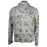 Front of a long-sleeve high-collar performance shirt with an all-over camouflage pattern in shades of gray and off-white, displayed on a mannequin torso against a white background.
