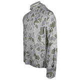 A long-sleeve hooded performance top with an all-over camouflage pattern in shades of gray, sage green, and off-white. The brand name 'Xpress Boats' is printed vertically on the right sleeve, and a small logo is visible on the left chest.