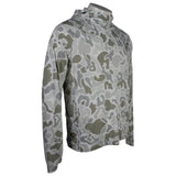 A long-sleeve hooded performance shirt with an all-over gray and olive green camouflage pattern, shown on a white background.