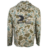 Back of a long-sleeve hooded performance shirt with a tan, dark green, and teal green camouflage pattern, featuring a large black 'Xpress Boats' logo.