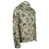 A long-sleeve hooded performance top with an all-over camouflage pattern in shades of tan and green. The brand name 'Xpress Boats' is printed vertically on the right sleeve, and a small logo is visible on the left chest.