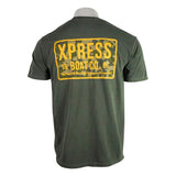 Back view of a dark green T-shirt featuring a yellow and camo rectangular graphic that says 'XPRESS BOAT CO. 1966'.