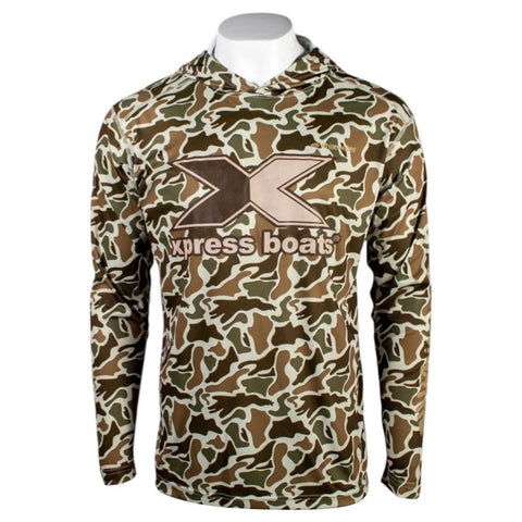 Front of a brown and green camo-patterned hooded shirt with a brown 'Xpress Boats' logo on the chest. 