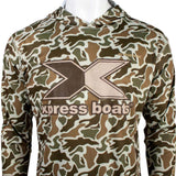 Close up of a brown camouflage hoodie with a brown 'xpress boats' logo on the chest. 