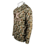 Side of a brown camouflage-patterned shirt with an xpress boats chest logo. 