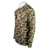 Side of a brown camouflage-patterned shirt with an xpress boats chest logo. 