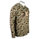 Side of a brown camouflage long-sleeve hooded shirt with an Xpress logo on the chest. 