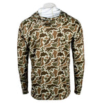 Back of a brown camouflage-patterned hooded long sleeve.