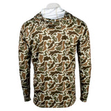 Back of a brown camouflage-patterned hooded long sleeve.