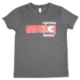 Gray T-shirt with a distressed 'xpress boats' logo printed in red and white across the chest.