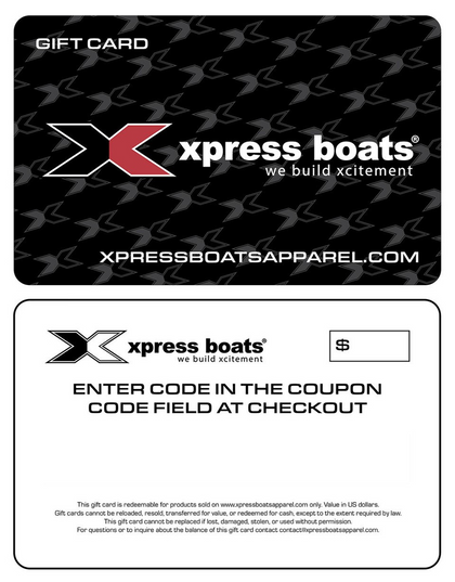 Xpress Boats gift card featuring logo and instructions for use